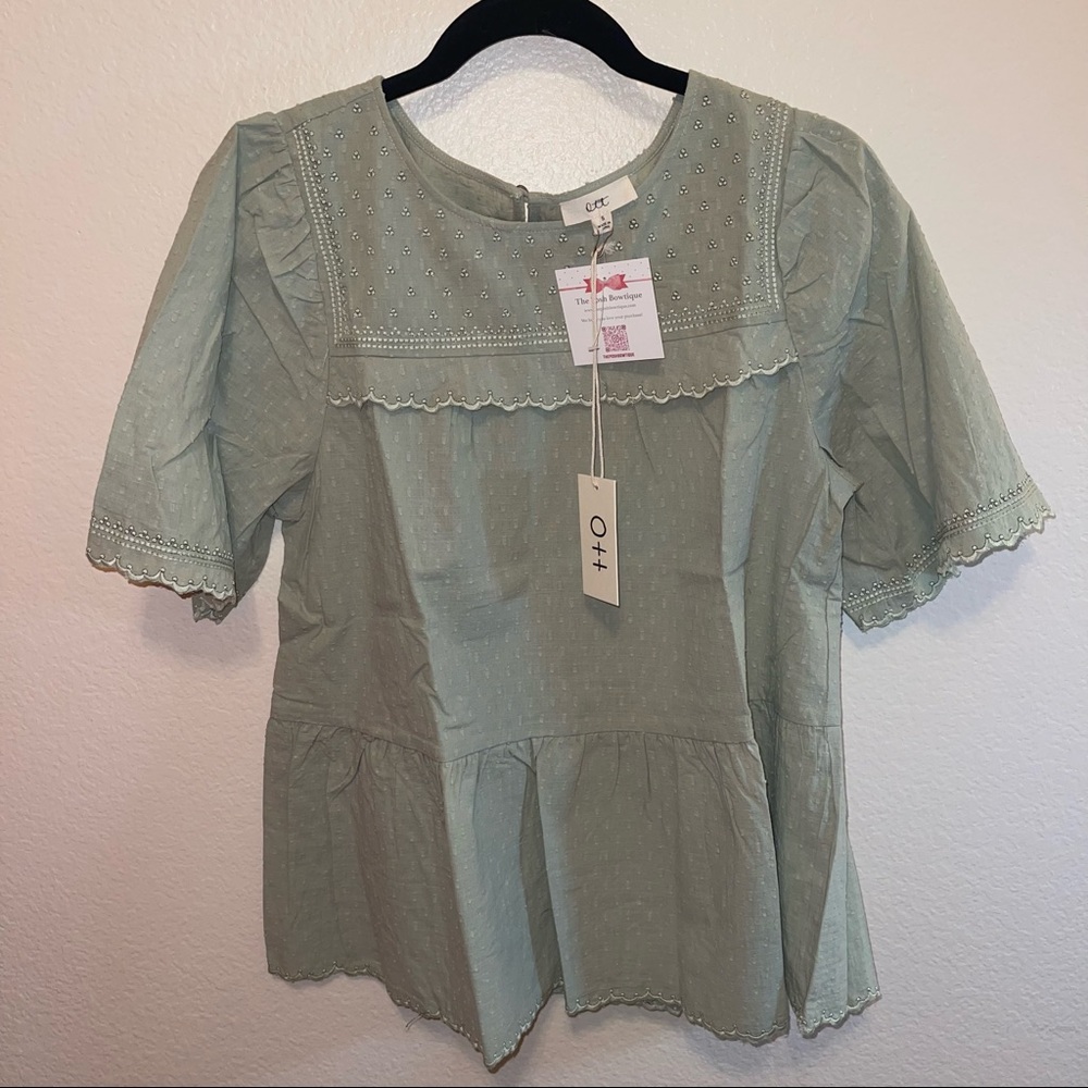Sage Green Swiss Dotted Cotton Scalloped Top